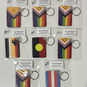 Photo of 8 keyrings of varying Flags in plastic bags.